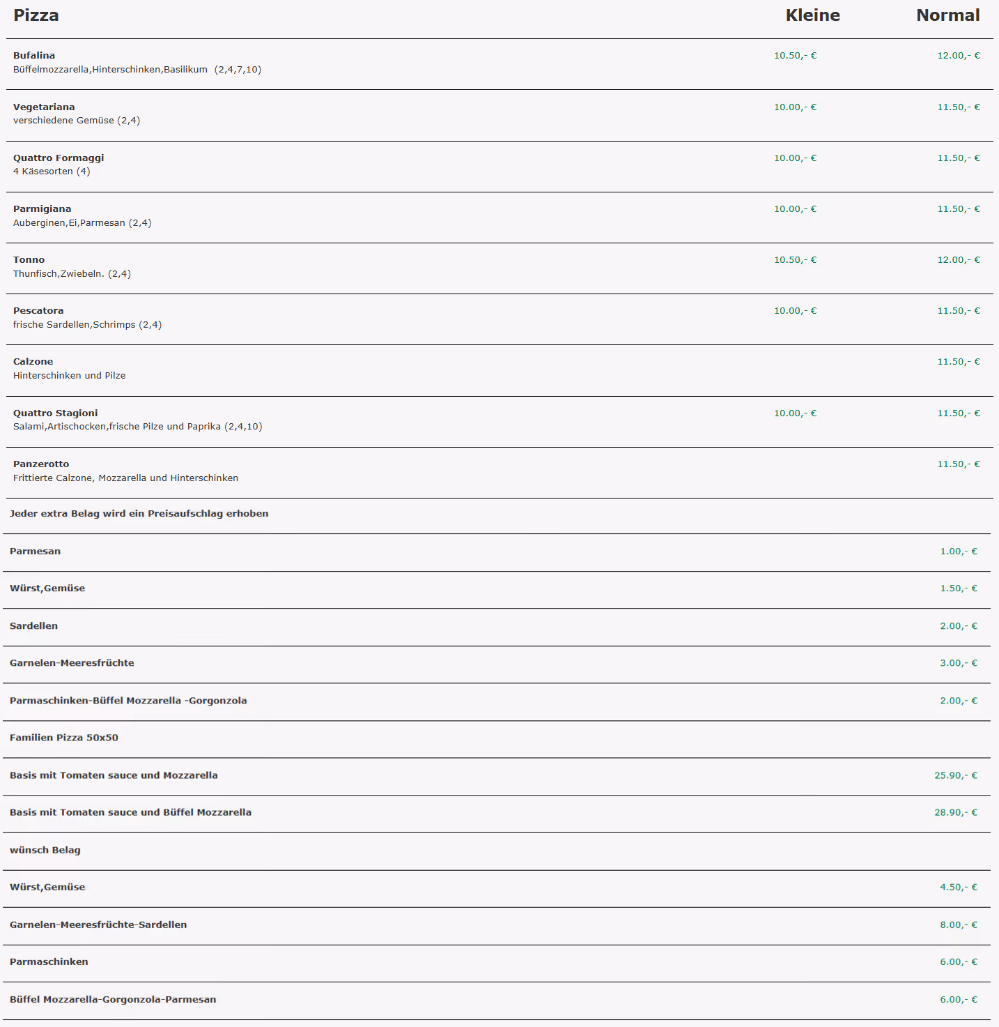 Preisliste des Ristorante Pizzeria Bella Vista