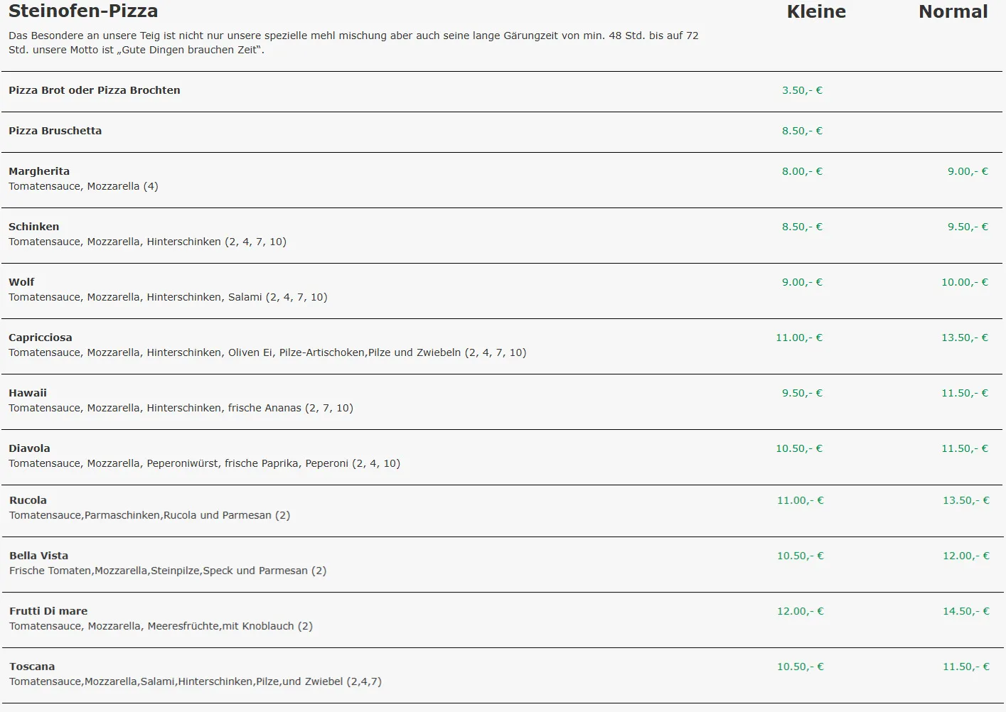 Preisliste des Ristorante Pizzeria Bella Vista